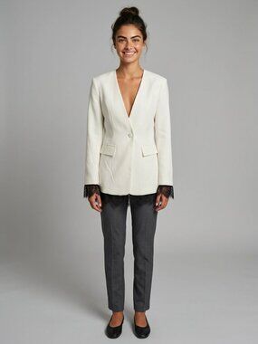 Commense White Blazer with Black Lace Hem